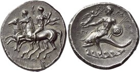 Calabria, Tarentum
Nomos after 276, AR 6.31 g. Dioscuri riding l. side by side; below, ΣΩΔΑΜΟΣ. Rev. ΤΑΡΑΣ Oecist riding dolphin l., holding shield a...