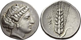 Metapontum
Nomos signed by Kpi[…..] circa 360-340, AR 7.83 g. Head of Demeter r., wearing broad fillet and earring; behind neck, KPI. Rev. ME Ear of ...