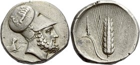 Metapontum
Dinomos circa 320-300, AR 15.71 g. Head of Leucippus r., wearing Corinthian helmet decorated with Nike in quadriga r.; above cleft of helm...