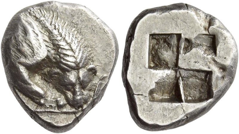 Velia
Drachm circa 535-465 BC, AR 3.95 g. Forepart of lion r., tearing stag's l...