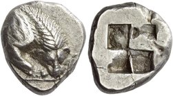 Velia
Drachm circa 535-465 BC, AR 3.95 g. Forepart of lion r., tearing stag's leg. Rev. Quadripartite incuse square. Williams 29 (these dies). SNG AN...