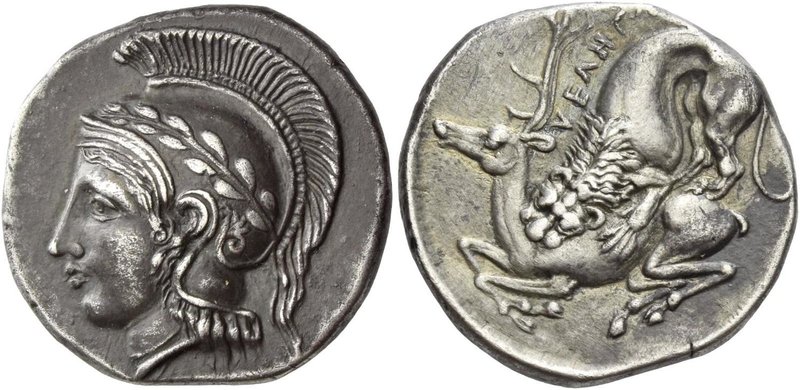 Velia
Nomos circa 420-410, AR 7.74 g. Helmeted head of Athena l. decorated with...