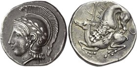 Velia
Nomos circa 420-410, AR 7.74 g. Helmeted head of Athena l. decorated with wreath. Rev. YEΛHTΩ[N] Lion l. pulling down stag. Williams 144. Gille...