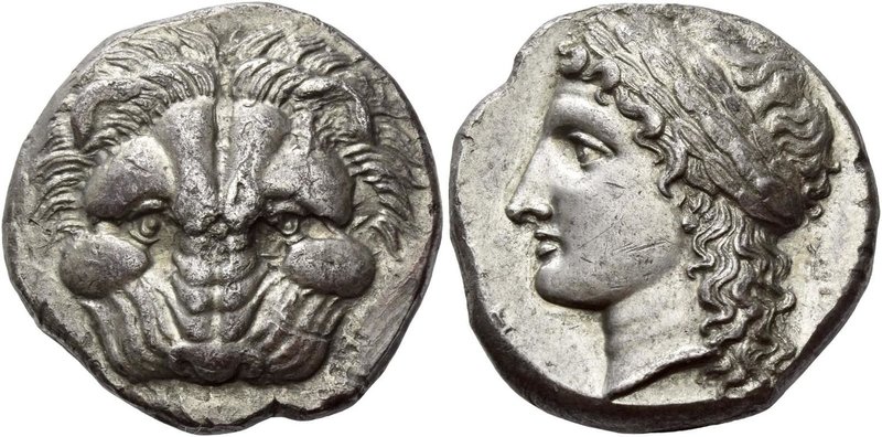 Rhegium
Tetradrachm circa 320-300, AR 16.99 g. Lion’s head facing. Rev. [ΡΗΓΙΝΩ...