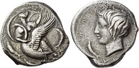 Camarina
Didrachm circa 405, AR 7.86 g. KAM – A – [PI] – N[A] retrograde The nymph Camarina, with head l., dressed in low-necked chiton leaving the b...