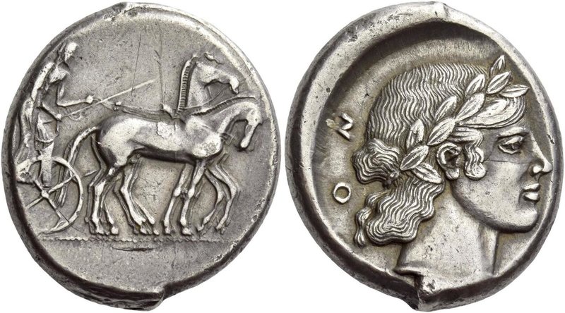 Catana
Tetradrachm circa 450, AR 17.26 g. Slow quadriga driven r. by charioteer...