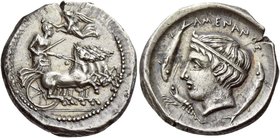 Catana
Drachm in the style of Procles circa 405, AR 4.20 g. Fast quadriga driven r. by charioteer, holding kentron and reins; above, Nike flying l. t...