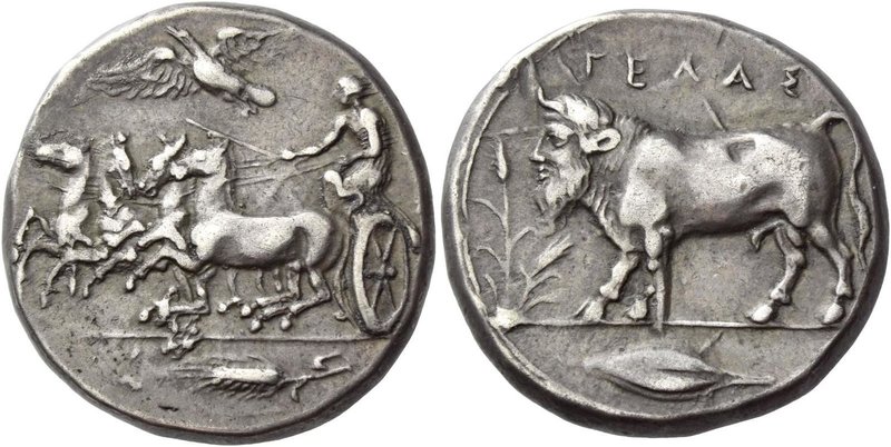 Gela
Tetradrachm circa 415-405, AR 17.22 g. Fast quadriga driven l. by chariote...