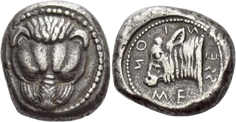 Messana
Tetradrachm circa 488-481, AR 17.32 g. Lion's mask facing. Rev. ΜΕ – SS...