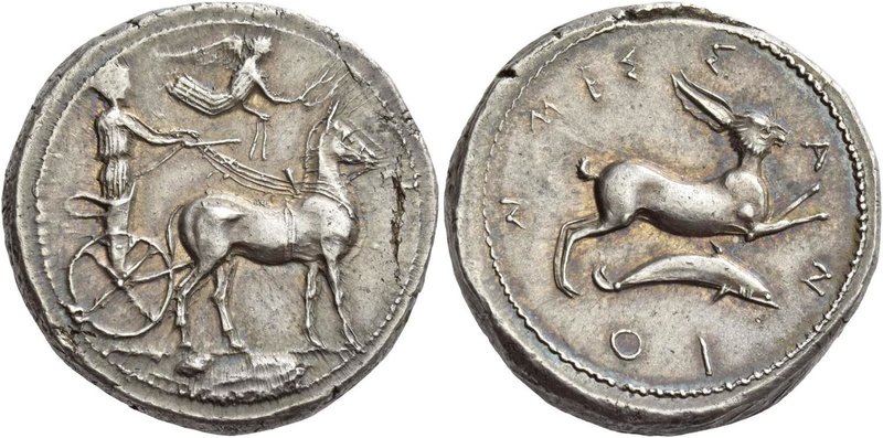 Messana
Tetradrachm circa 425-421, AR 17.26 g. Biga of mules driven r. by chari...