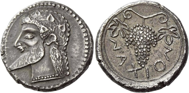 Naxos
Chalcidian drachm circa 500, AR 5.73 g. Ivy-wreathed head of Dionysus l.,...