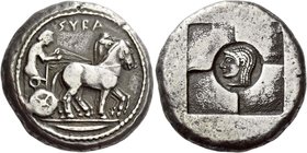 Syracuse
Tetradrachm circa 510-490, AR 17.14 g. SVRA Slow quadriga driven r. by clean-shaven charioteer, wearing long chiton and holding reins in eac...