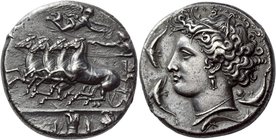 Syracuse
Decadrachm unsigned work by Euainetos circa 400, AR 43.04 g. Fast quadriga driven l. by charioteer, holding reins and kentron; in field abov...