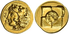 Syracuse
Tetradrachm circa 400, AV 1.16 g. ΣVPA Head of Heracles l., wearing lion’s skin. Rev. Small female head l. in centre of incuse square. Rizzo...