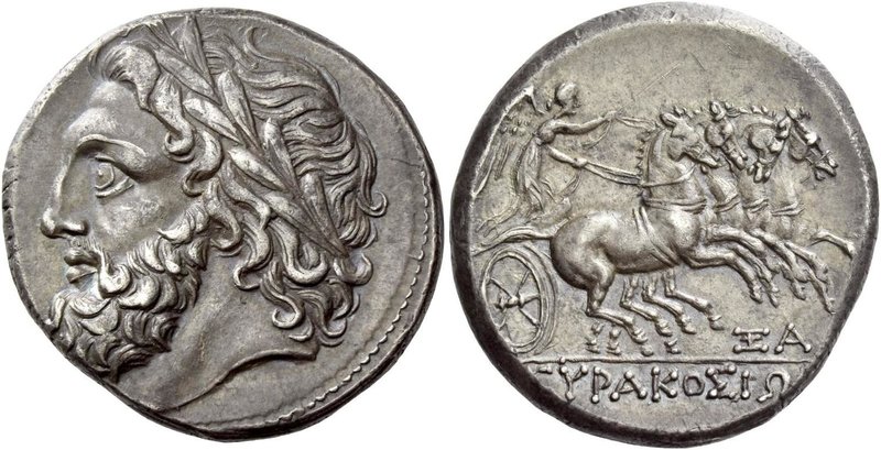 Syracuse
16 litrae 214-212 BC, AR 13.58 g. Laureate head of Zeus l. Rev. ΣYPAKO...