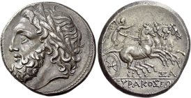 Syracuse
16 litrae 214-212 BC, AR 13.58 g. Laureate head of Zeus l. Rev. ΣYPAKOΣΙΩΝ Fast quadriga driven r. by Nike holding reins in both hands and k...