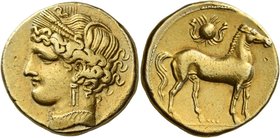 The Carthaginians in Sicily and North Africa
Trihemistater, Carthago or Lilybaeum circa 255-241, EL 10.98 g. Head of Tanit l., wearing barley-wreath,...
