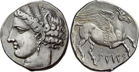 The Carthaginians in Sicily and North Africa
5 shekels or decadrachm, Carthago circa 260, AR 37.90 g. Head of Tanit (Kore-Persephone) l., wearing bar...