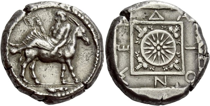 Mende
Tetradrachm circa 450-425, AR 17.00 g. Elderly Dionysus, wearing ivy wrea...