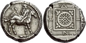 Mende
Tetradrachm circa 450-425, AR 17.00 g. Elderly Dionysus, wearing ivy wreath and himation, reclining on mule’s back l., holding cantharus with r...