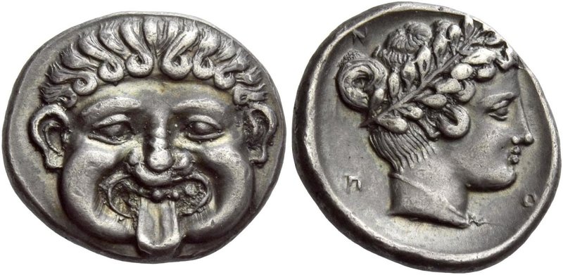 Neapolis
Drachm circa 400-350, AR 3.83 g. Gorgoneion. Rev. N – [E] – O – Π Laur...