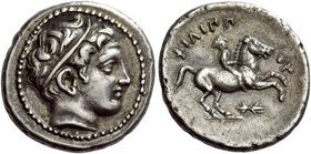 Kings of Macedonia, Philip II 359 – 336 and posthumous issues
Fifth of tetradrachm, Pella circa 342/1-337/6, AR 2.61 Head of Apollo r., wearing taini...