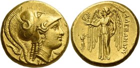 Alexander III, 336 – 323 and posthumous issues
Distater, Amphipolis (?) circa 333-320, AV 17.20 g. Head of Athena r., wearing triple-crested Corinthi...