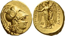 Philip III, 323 – 317
Stater, Babylon circa 323-317, AV 8.61 g. Head of Athena r., wearing crested Corinthian helmet, bowl decorated with coiled snak...