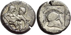 The Orrescii
Stater late sixth-early fifth century BC, AR 9.40 g. Centaur r., abducting nymph. Rev. Crested Corinthian helmet within quadripartite in...