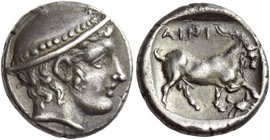 Aenus
Tetrobol circa 408-406, AR 2.68 g. Head of Hermes r., wearing petasus with dotted border. Rev. AINI Goat standing r.; before, crab. All within ...
