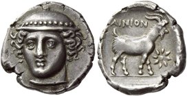 Aenus
Tetrobol circa 380-377, AR 2.67 g. Head of Hermes facing, slightly l., wearing petasus with dotted border. Rev. AINION Goat standing r.; before...