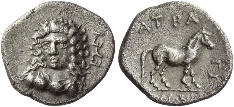 Thessaly, Atrax
Obol circa 360-340, AR 0.95 g. EYEI Draped bust of nymph Bura f...