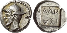 Larissa
Triobol circa 479-465, AR 2.59 g. Head of Jason l., wearing petasus. Rev. ΛAR – IΣA retrograde within incuse square. Herrmann Group I, b1 (wr...