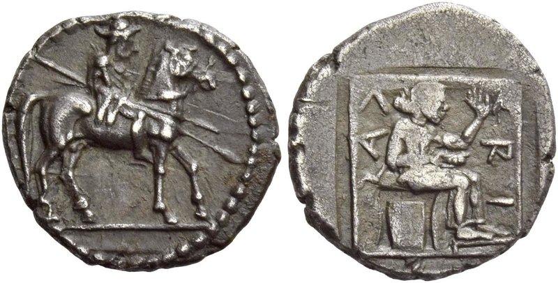 Larissa
Trihemiobol circa 479-465, AR 1.42 g. Horseman, wearing petasus and chl...