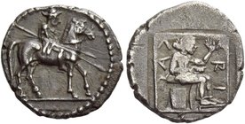 Larissa
Trihemiobol circa 479-465, AR 1.42 g. Horseman, wearing petasus and chlamys, riding r., holding three spears. Rev. Λ – ΑRΙ ––Α The nymph Lari...