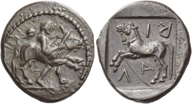 Larissa
Drachm circa 460-400, AR 5.36 g. Thessalos, with chlamys and petasus ov...