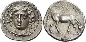 Larissa
Drachm circa 356-342, AR 6.04 g. Head of nymph Larissa facing three-quarters l., wearing ampyx, earring and necklace. Rev. ΛAPIΣA[I] Horse cr...