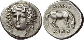 Larissa
Didrachm circa 356-342, AR 12.03 g. Head of nymph Larissa facing three-quarters l., wearing ampyx, earring and necklace. Rev. ΛAPI – Σ / AIΩN...
