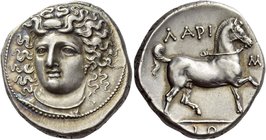 Larissa
Didrachm circa 356-342, AR 12.25 g. Head of nymph Larissa facing three-quarters l., wearing ampyx, earring and necklace. Rev. ΛAPI – Σ / [A]I...