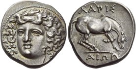 Larissa
Drachm circa 350-300, AR 6.15 g. Head of the nymph Larissa facing slightly l., wearing ampyx and necklace. Rev. ΛΑΡΙΣ / ΑΙΩΝ Horse grazing r....