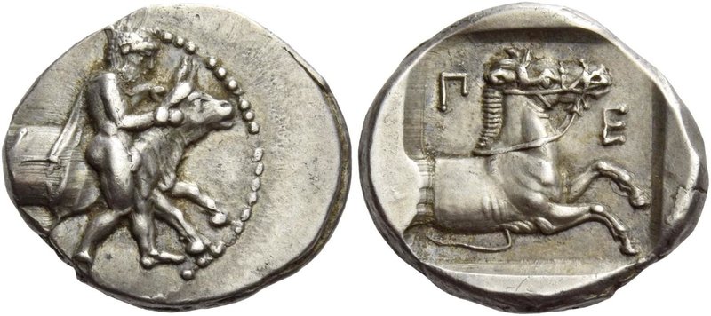 The Perrhaiboi
Hemidrachm circa 450-400, AR 3.11 g. Nude youth trying to restra...