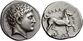Phalanna
Drachm circa 340, AR 5.65 g. Youthful male head r. Rev. ΦΑΛΑ – ΝΝ – [ΑΙΩΝ] Bridled horse prancing r.; below, bunch of grapes and AN in monog...