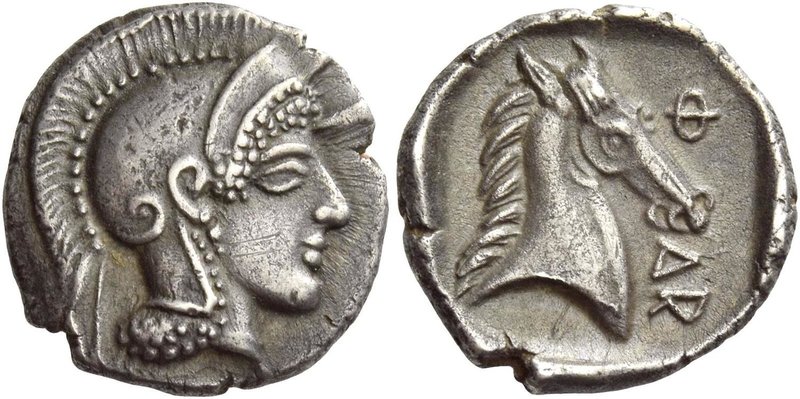 Pharsalus
Hemidrachm circa 450-430, AR 2.90 g. Helmeted head of Athena r., wear...