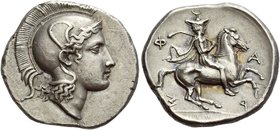 Pharsalus
Drachm signed by the artist TH circa 420-350, AR 5.93 g. Head of Athena r., wearing crested Thessalian helmet; TH, behind neck-guard. Rev. ...