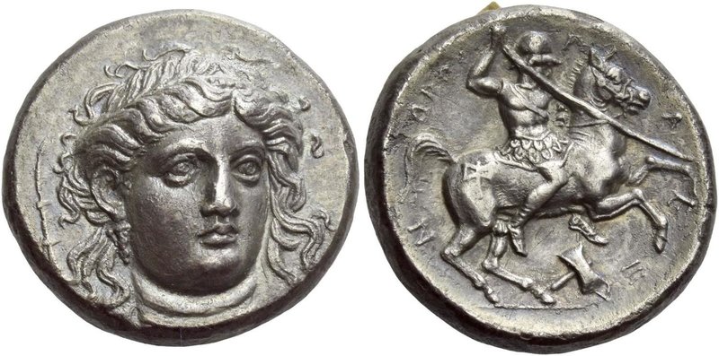 Pherae
Stater circa 369-358, AR 11.55 g. Facing head of Ennodia, three-quarters...