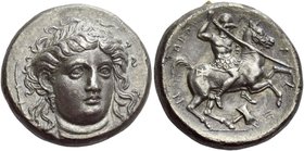 Pherae
Stater circa 369-358, AR 11.55 g. Facing head of Ennodia, three-quarters r., wearing pearl-diadem, grape-cluster earrings and necklace: in l. ...