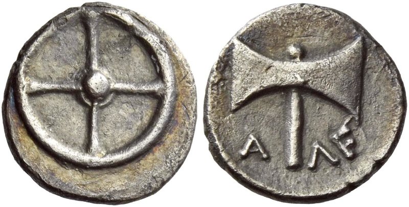 Pherae
Obol struck under tyrant Alexander circa 369-358, AR 0.76 g. Wheel of fo...