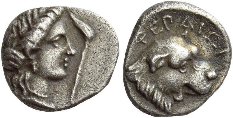Pherae
Obol late IV century BC, AR 0.84 g. Head of Ennodia r., wearing earrings...
