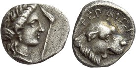 Pherae
Obol late IV century BC, AR 0.84 g. Head of Ennodia r., wearing earrings and necklace; in r. field, torch. Rev. ΦΕΡΑΙΩΝ Head of mastiff r. Dem...