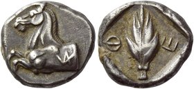 Thessalian League
Hemidrachm circa 470-460, AR 2.86 g. Forepart of horse l.; on body, NA in monogram and partly retrograde. Rev. Φ - Ε Wheat grain wi...